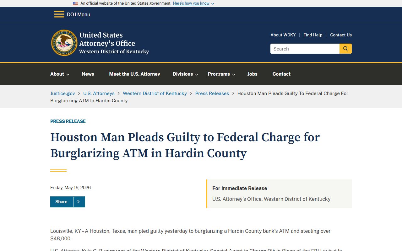 Hardin County arrest records and court charges federal ATM burglary plea