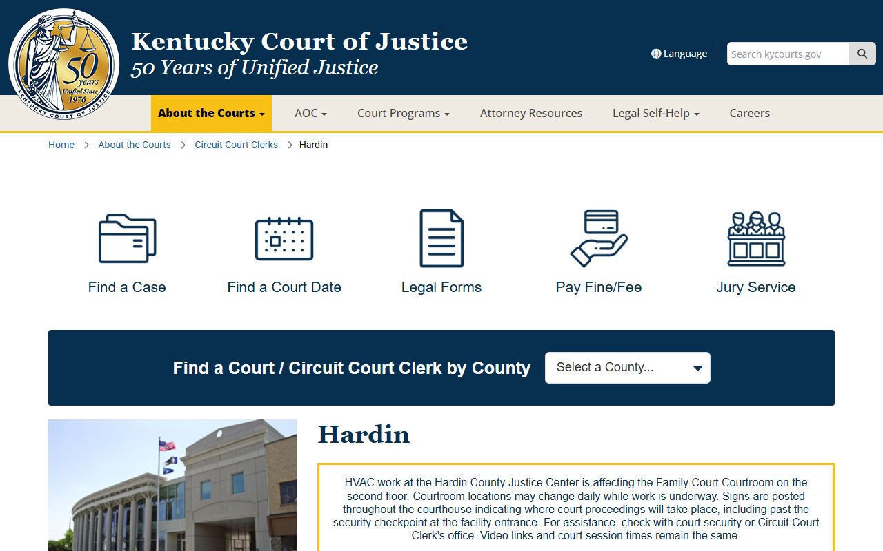 Hardin County Court Justice Center official court page