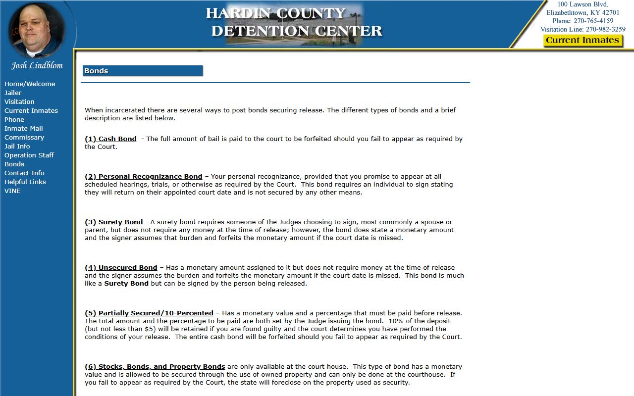 Hardin County Detention Center bonds page explaining bond types and payment channels