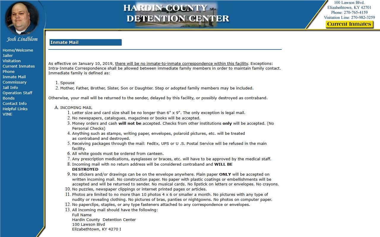 Hardin County Detention Center inmate mail rules page