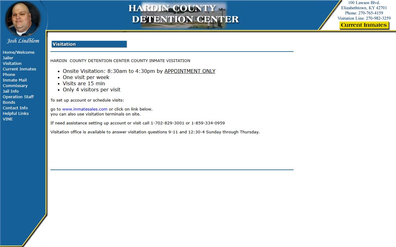 Hardin County Detention Center visitation page with appointment rules