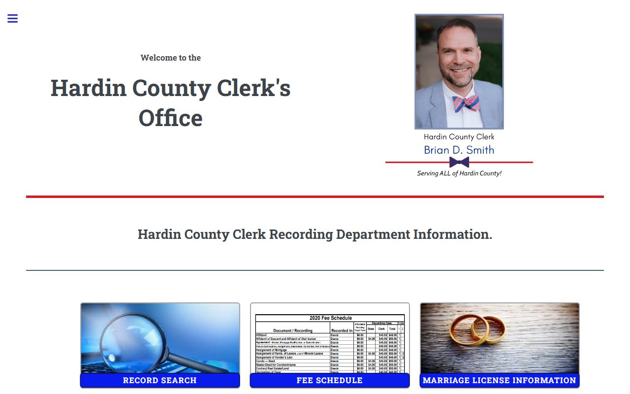 Hardin County Clerk recording page with marriage license requirements and fees