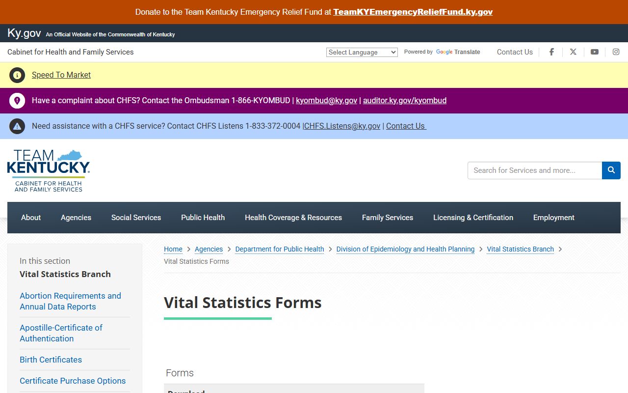 Kentucky Vital Statistics forms page for marriage and divorce certificate requests