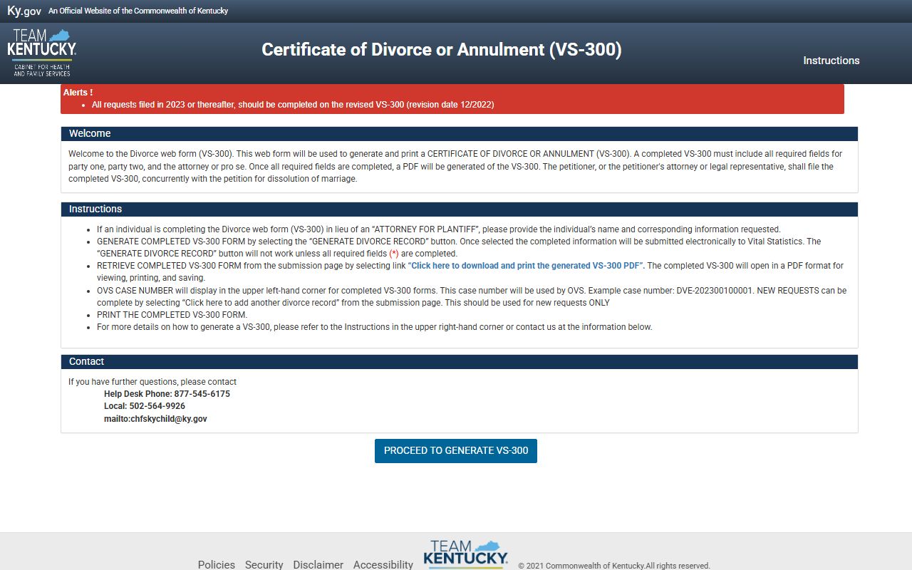 Kentucky CHFS VS-300 divorce record generator for dissolution filings