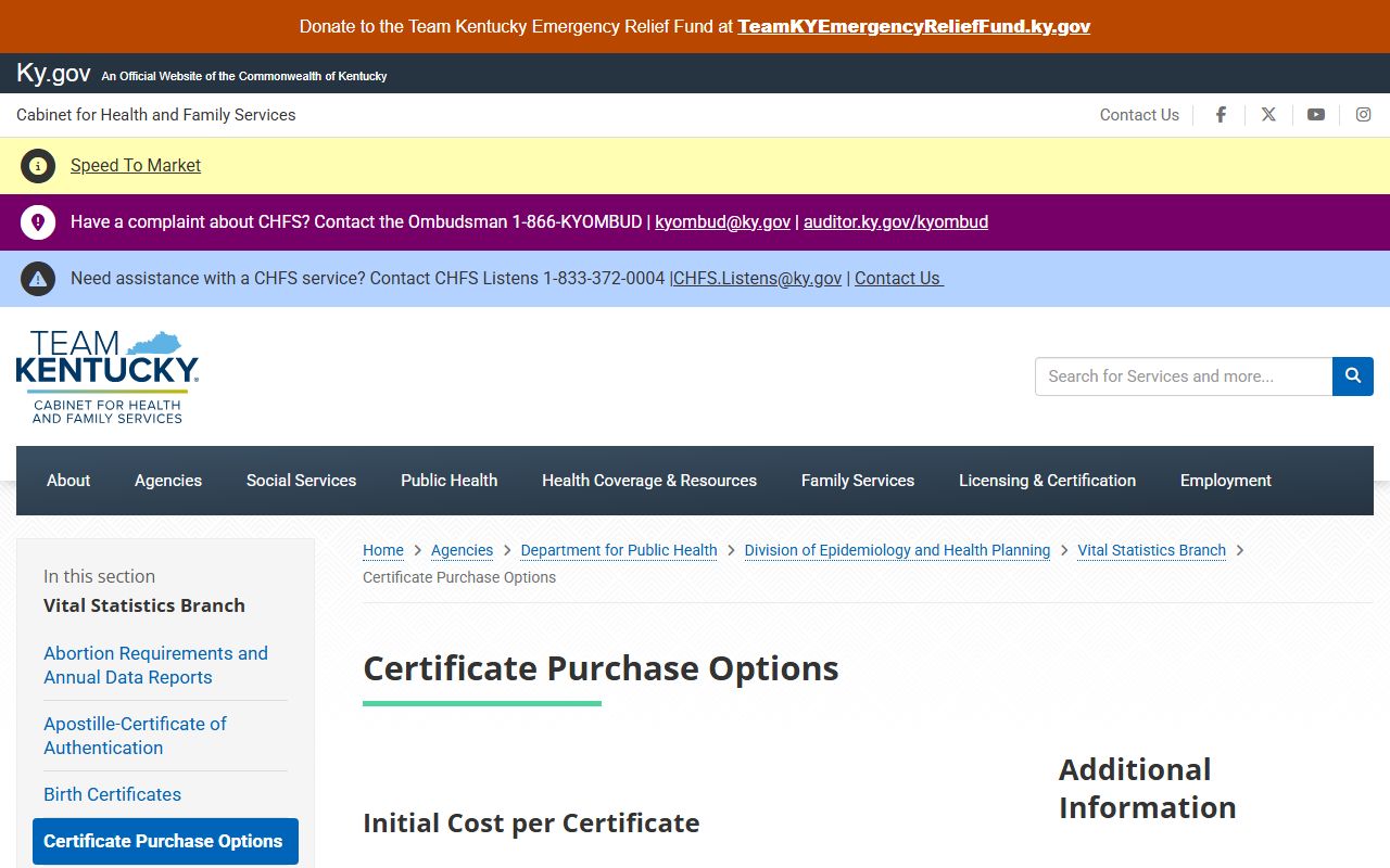 Kentucky Vital Statistics certificate purchase page for marriage and divorce records